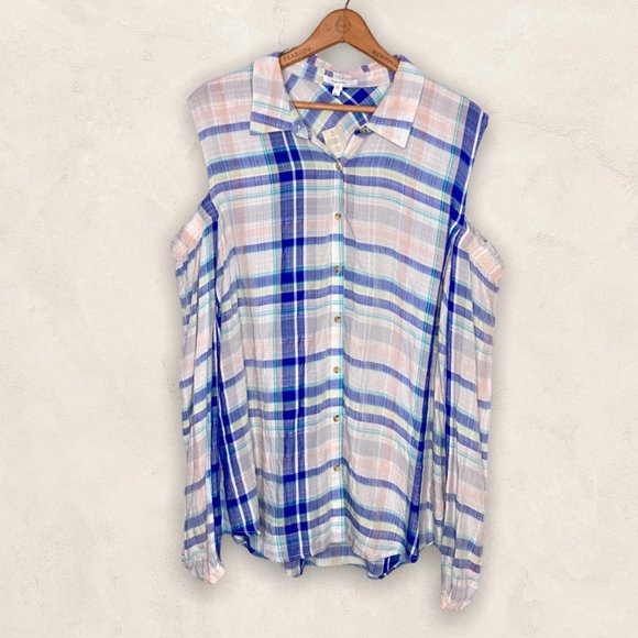 Maurices XL White Blue Plaid Check Cold Shoulder Button Down Shirt Top Boho - Picture 5 of 6